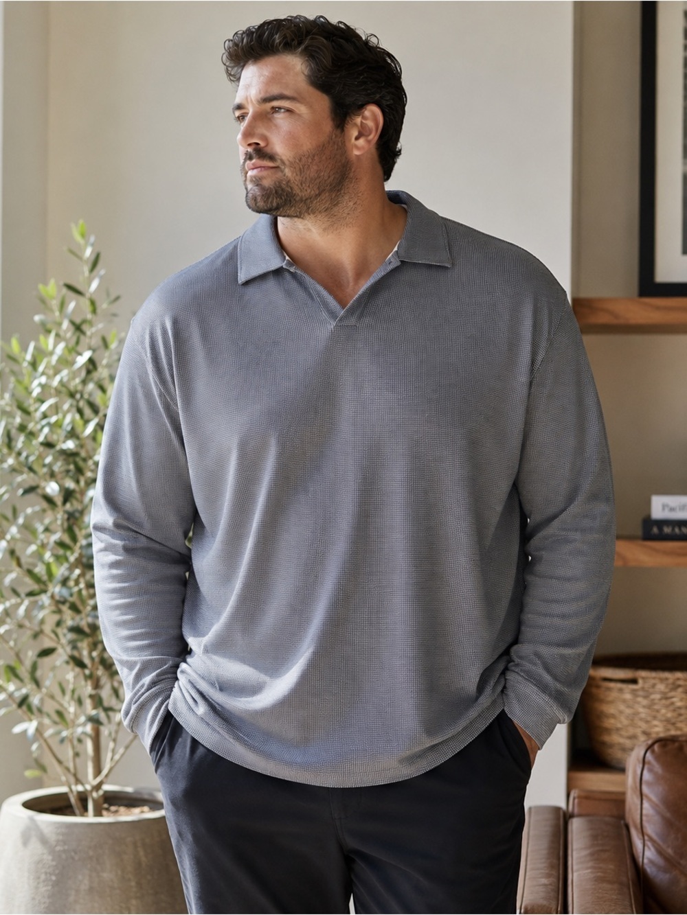 The Commons Men’s XXL Long Sleeve Knit Polo Shirt Blue Gray Micro Check Casual